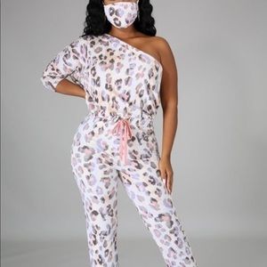 Jumpsuit, one piece, one shoulder, leopard print
